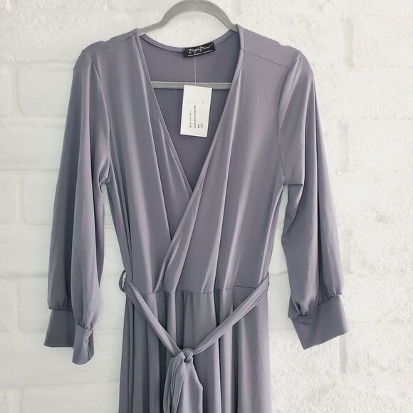 Brigitte Brianna Grey Wrap Maxi Dress Modest Spandex Comfy Long Boho Dress SZ L - Picture 4 of 12